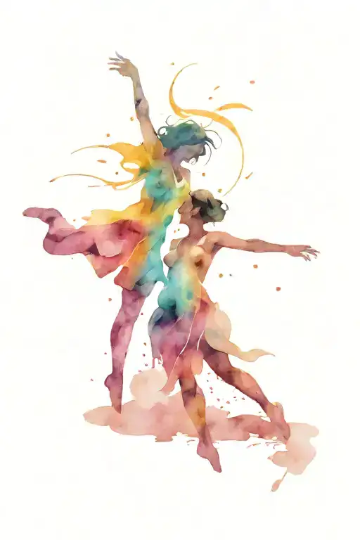 Two Abstract Female Figures Dancing In A Puddle In A Thunderstorm With Lightning And Rain