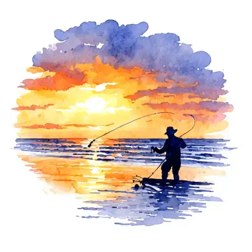 Sunset Beach With A Silhouette Of A Man Fishing In The Distance