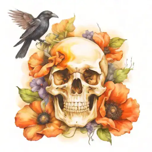 Skull And Raven And Poppies Blooming