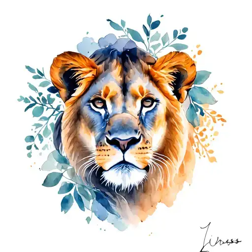 Lioness With Cub Watercolor Floral Design