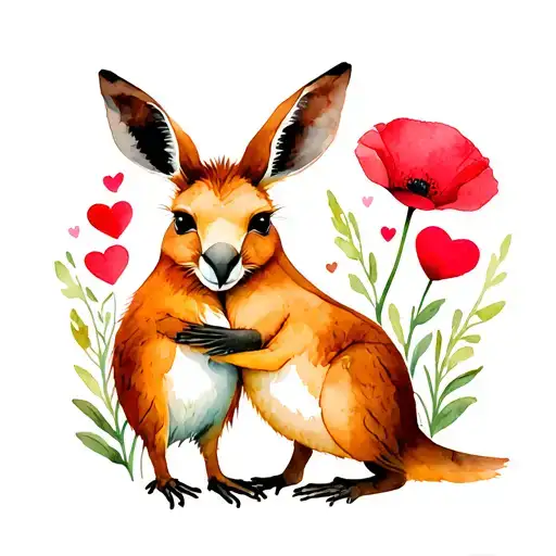 Kiwi Bird And Kangaroo Hugging With Poppy Flower And Heart
