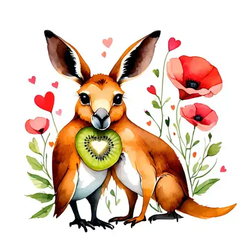 Kiwi Bird And Kangaroo Hugging With Poppy Flower And Heart
