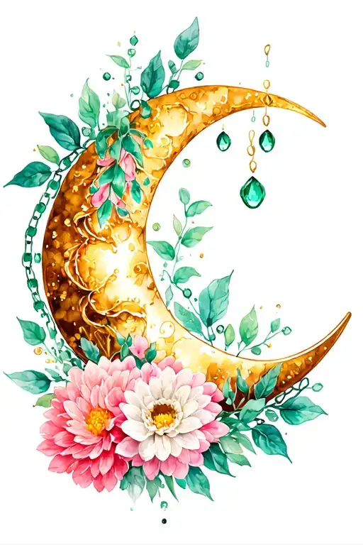 Crescent Moon Surrounded By Chrysanthemums And Emerald Chains