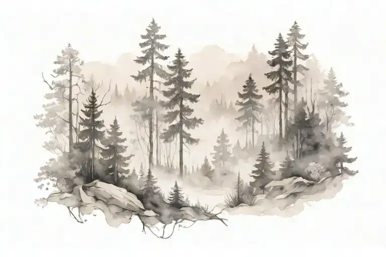 Forest Scene With Fog In Black And White