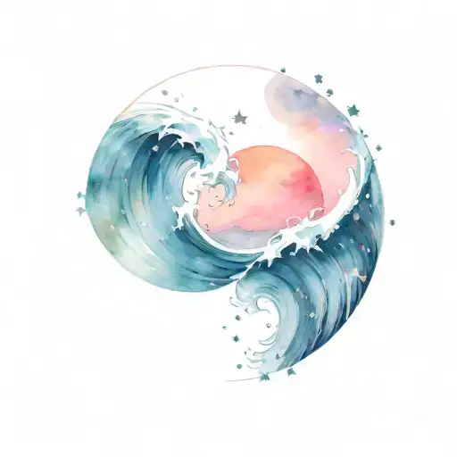 Gentle Blue Wave In A Circle With Pink Peach Sky And Stars