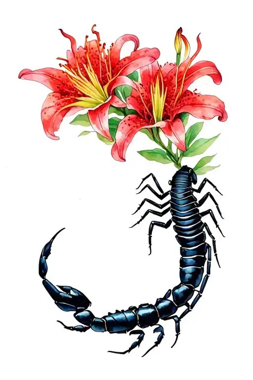 Black Scorpion Surrounded By Red Spider Lily