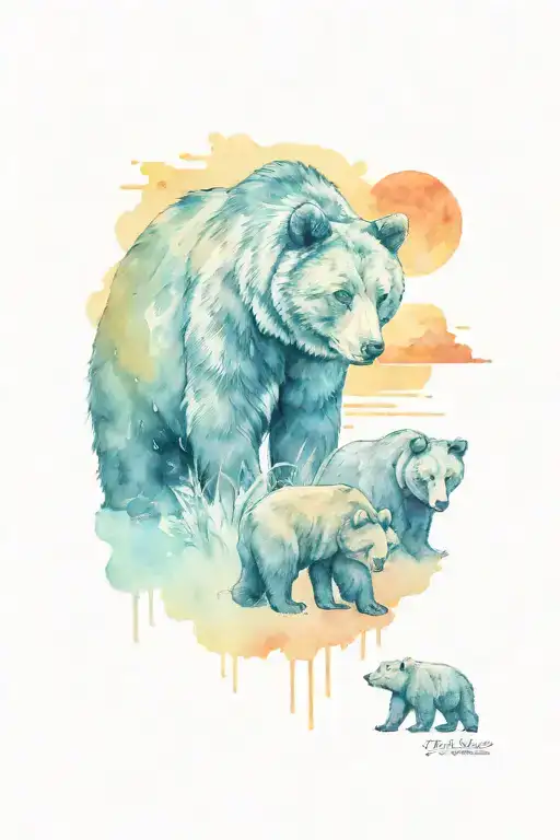 Papa Bear And 2 Cubs Near Water St Sunset Scene