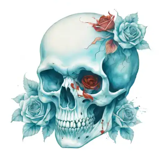 White Skull With Blue Glowing And Two Red Roses