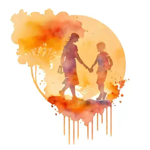 A Silhouette Of A Mother And Child Walking Hand In Hand Through A Movie Reel