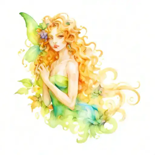 Fairy With Curly Hair Standing In Flowers