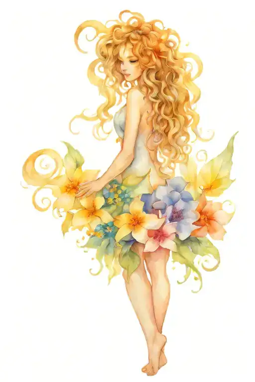 Fairy With Curly Hair Standing In Flowers From Behind