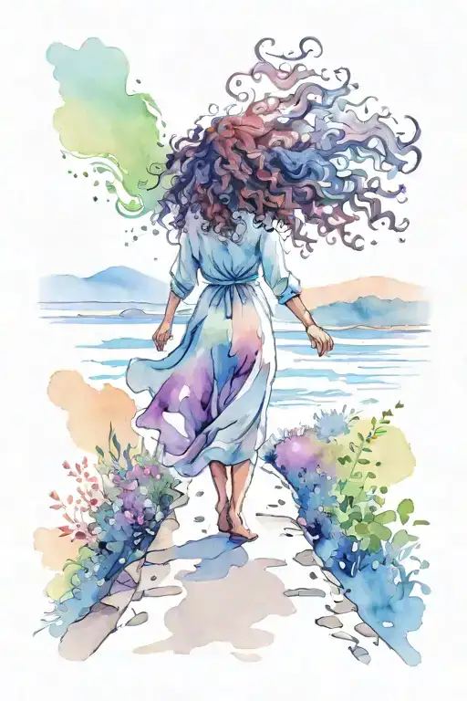 Woman With Curly Hair Walking Along A Path Hands Stretched Up