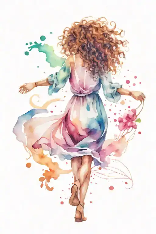 Woman With Curly Hair Walking Along A Path Hands Stretched Up
