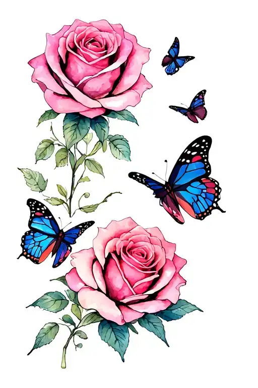 Sketch Tattoo For Mom With Pink Rose And Butterflies