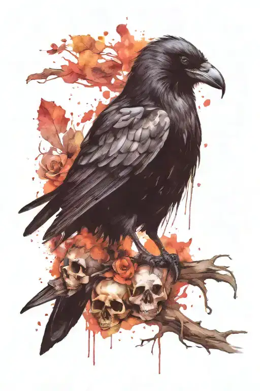 Large Black Crow On A Crushed Skull