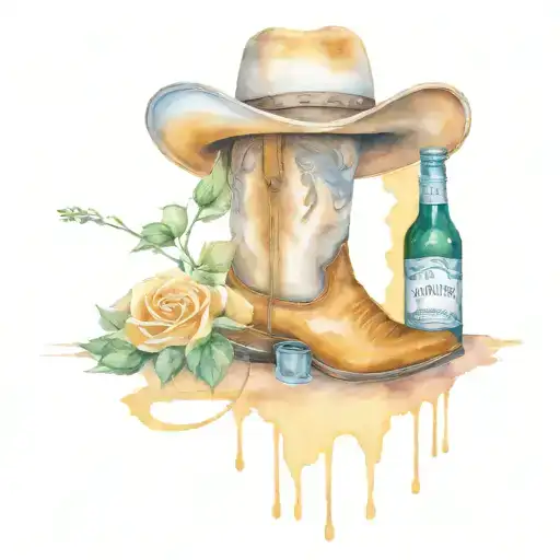 Cowboy Hat And Boots With 2 Roses Bottle Of Drink Stop Watch Universe Snd 5 Stars