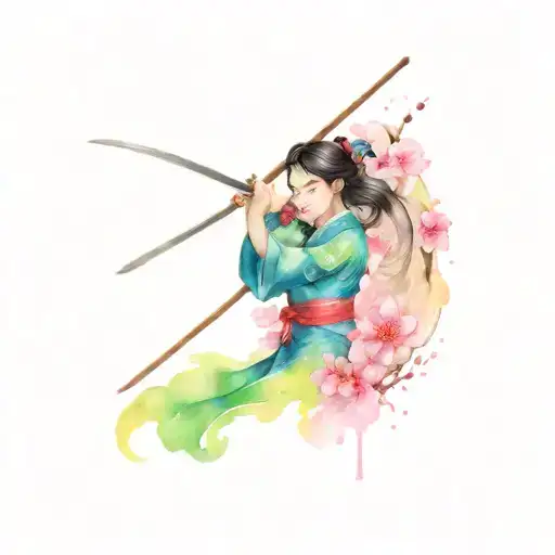 Yoshi And Mulan Warrior With Cherry Blosssoms