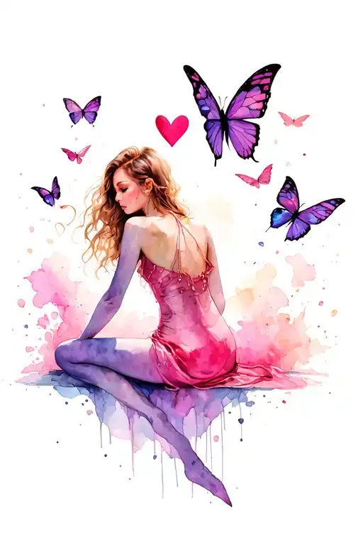 Butterflies Flying Heart Sexy Girl Sitting