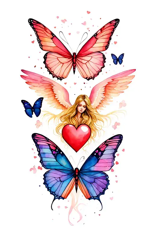 Butterflies Flying Heart Sexy Blond Girl Angel Watching