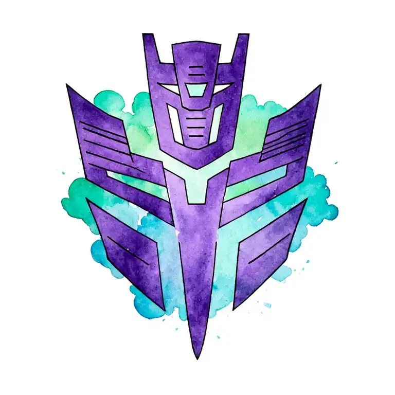 Purple Decepticon Symbol With Teal And Green Cloud Around It Tattoo