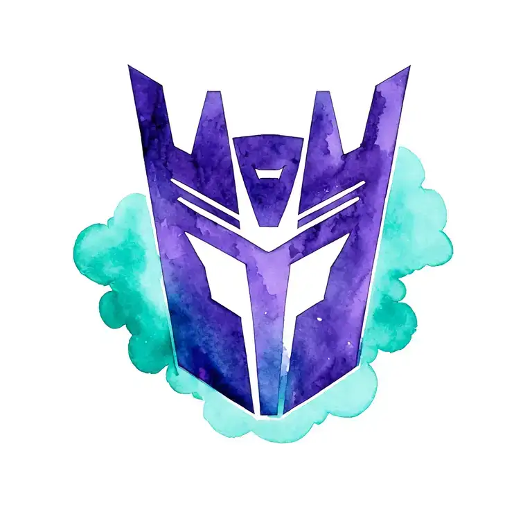 Purple Decepticon Symbol With Teal And Green Cloud Around It Tattoo