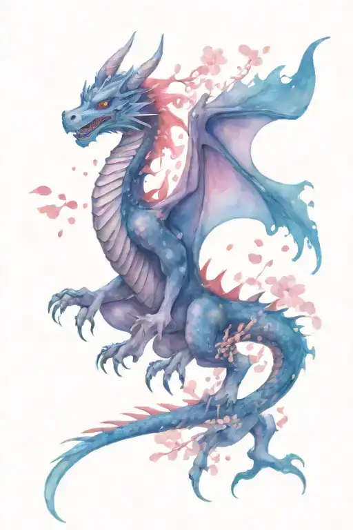 Dragon With Sakura Petals Under The Night Sky