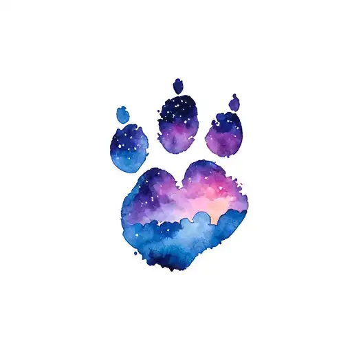 A Cat Paw Print With A Watercolor Night Sky Behind It And A Half A Heart In The Sky