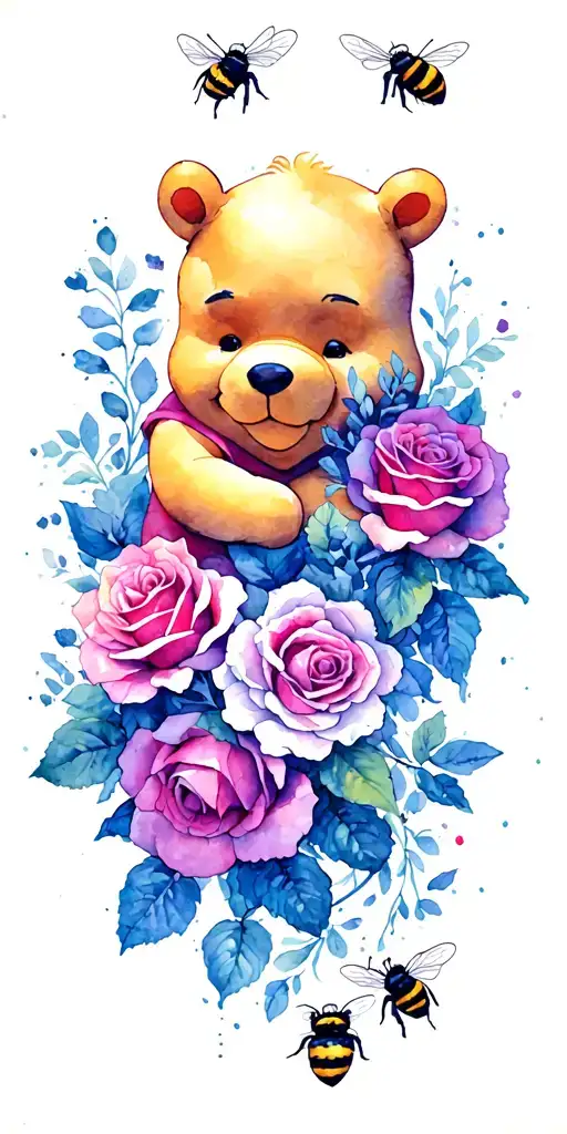 Winnie The Pooh With Bees And Roses Intertwined
