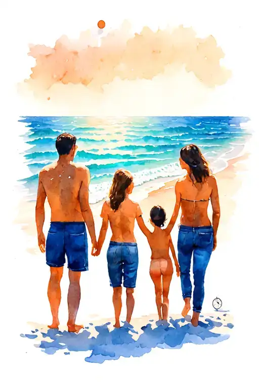 Beach Landscape With 4 People Family And A Clock