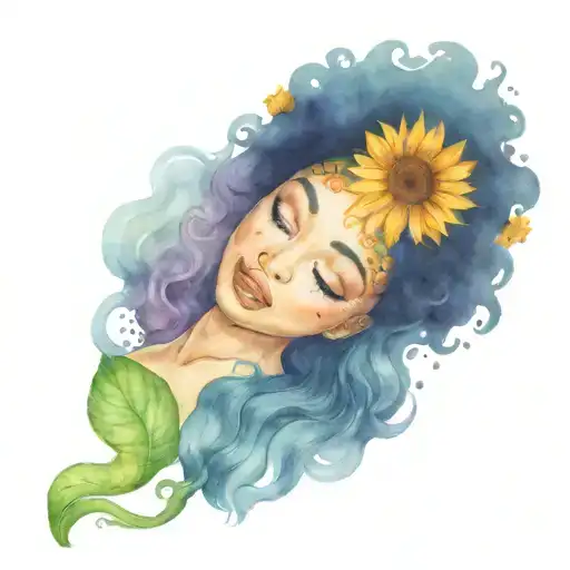 Afro Mermaid Swimming With Sunflowers