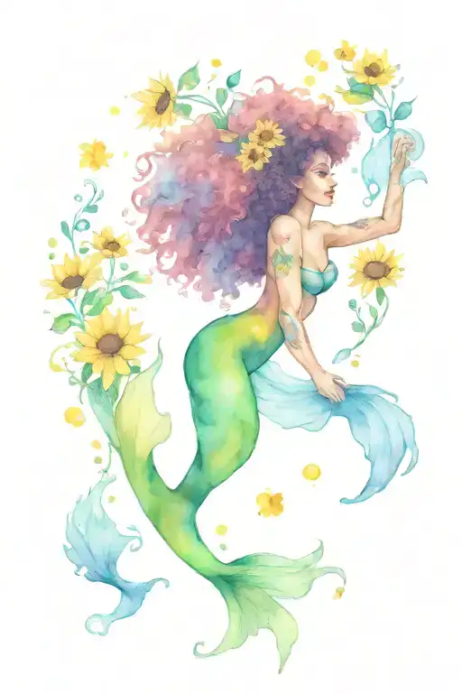 Afro Mermaid Swimming With Sunflowers