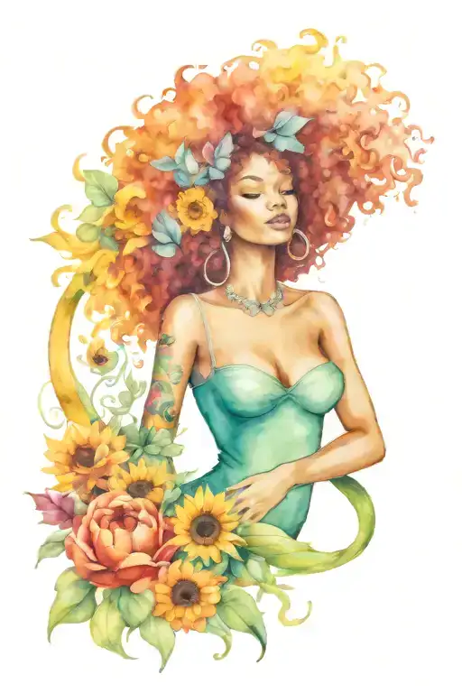 Thick Afro Mermaid With Sunflowers Growing
