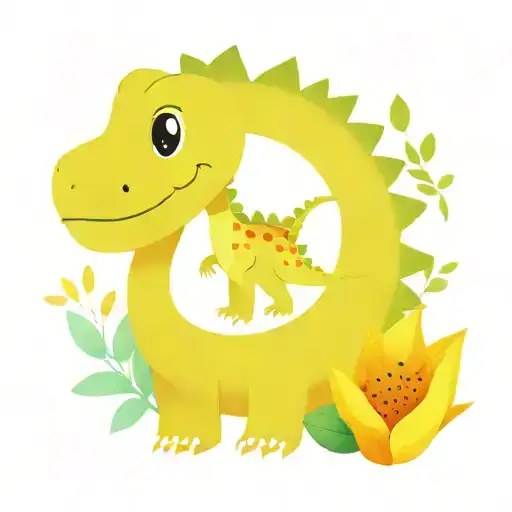 Cute Dinosaur With Tulips And Sunflower