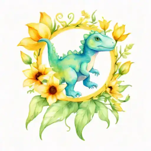Cute Small Dinosaur With Tulips And Sunflower