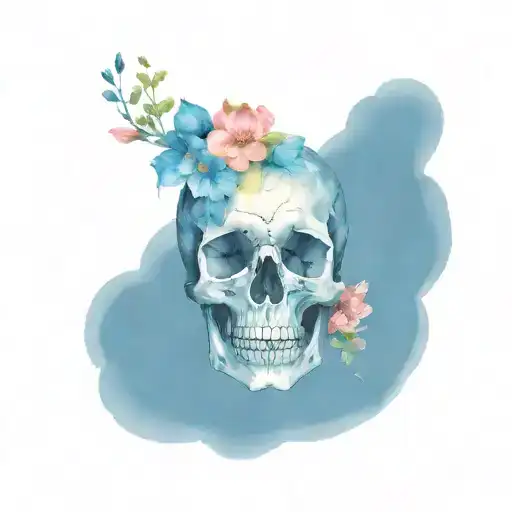 Blue Pink And White Wildflowers In A Skull