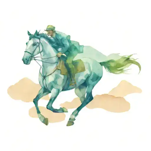 Man Riding A Horse Jumping With Mountains In The Background