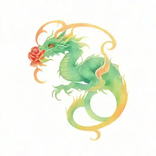 Oriental Dragon With Red Roses And Waves