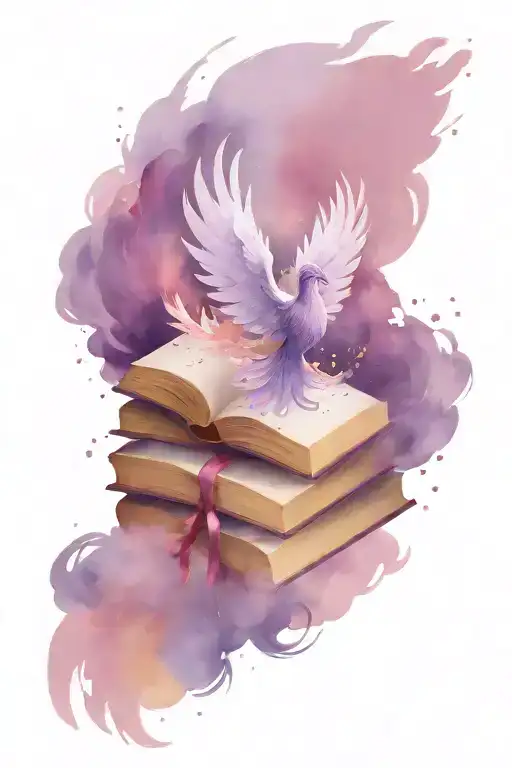Open Book Stack With Purple Phoenix Rising From Pages In An Explosion Of Magic