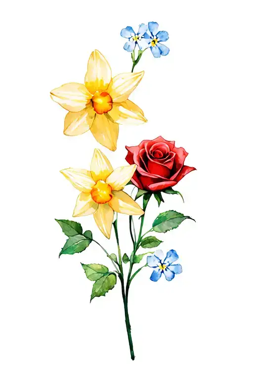 Red Rose And Daffodil With Forget Me Nots