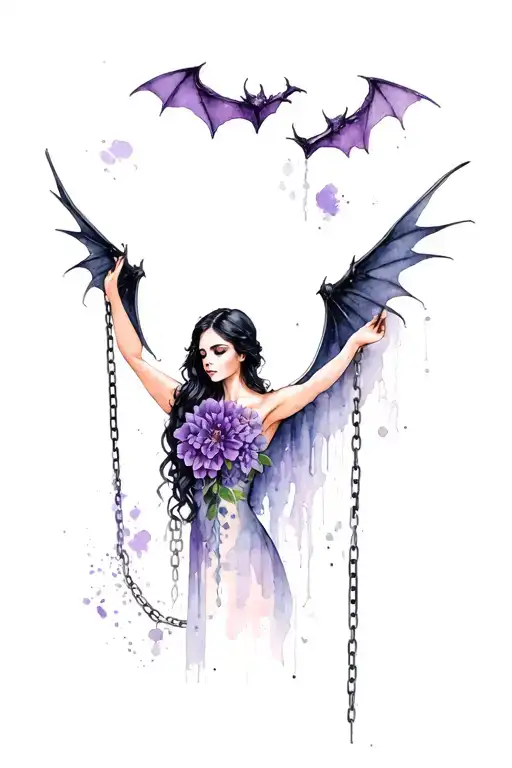 Batwinged Woman Holding Broken Chains With Purple Flowers