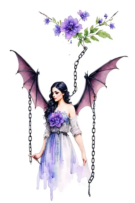 Woman With Bat Wings Holding Broken Chains With Purple Flowers Around Her