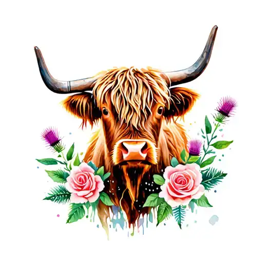 Highland Cow With Roses And Thistles