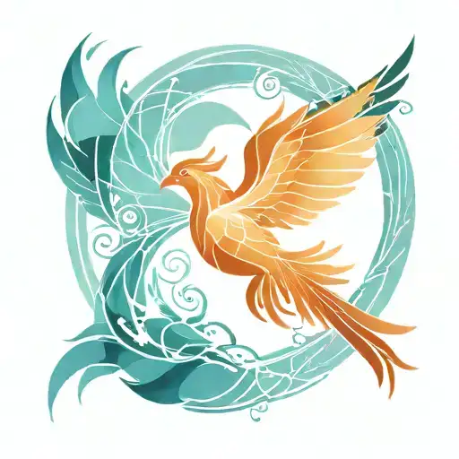 Phoenix Flying With Geometric Line Arts Symbols Intertwined