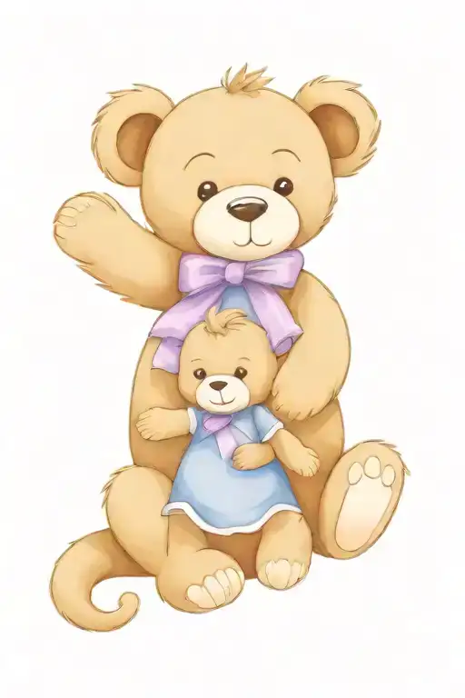 Cartoon Female Teddy Bear With A Blue Bow On Her Neck Hugging A Purple Monkey And A White Goose