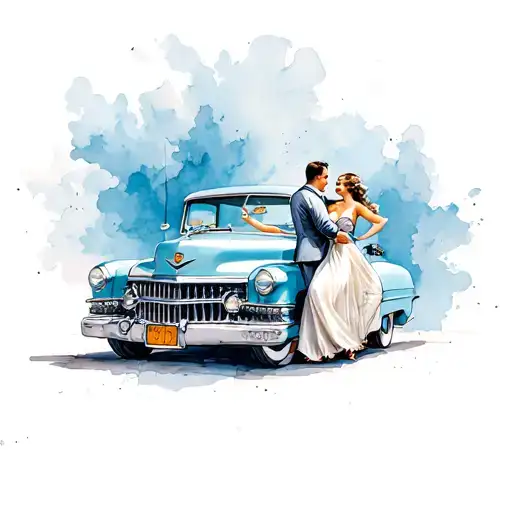 Oldtimer Cadillac In Baby Blue With A Dancing Couple In The Front