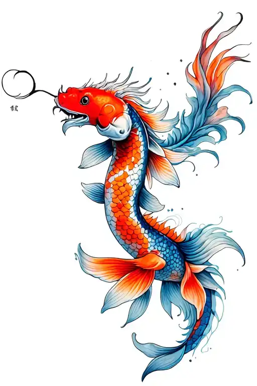 Koi Fish And Dragon Chinese Style Full Colour Looking At Eachother With The Dragon On Top
