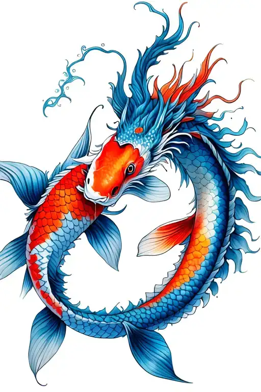 Koi Fish And Dragon Chinese Style Full Colour Looking At Eachother With The Dragon On Top Ying Yang