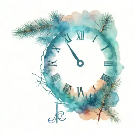 Tattoo With Pine Tree Mixed With Clock In Roman Numerals And Reddish Details