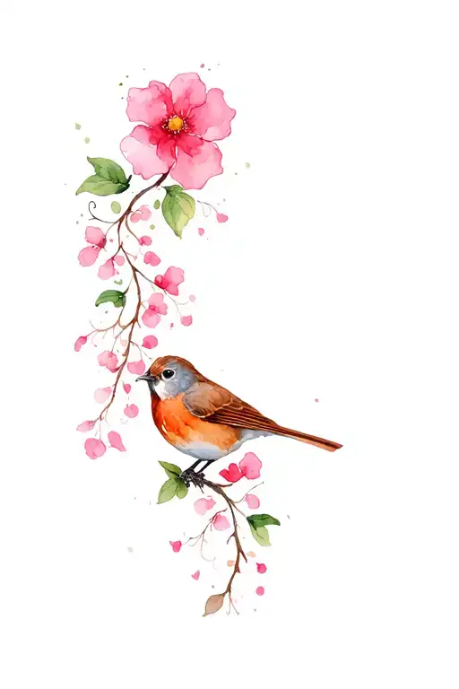 Vibrant Pink Vine With Flowers And A Robin On A Shoulder