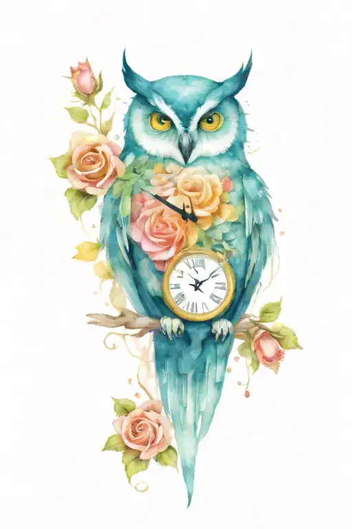 Tribal Owl With Clock Stomach And Roses